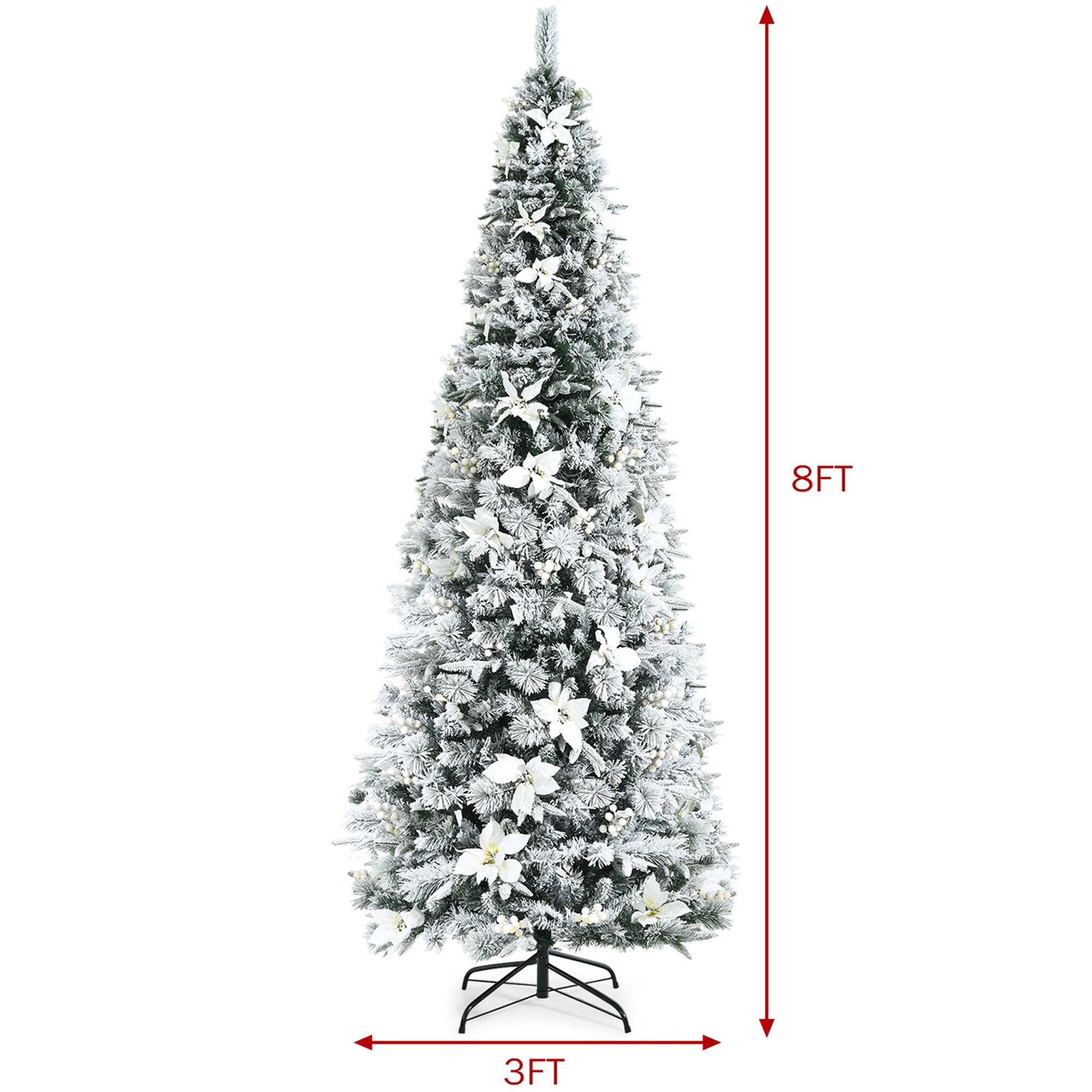 Snow Flocked Pencil Christmas Tree Skinny Tree with Berries Flowers 8 Foot