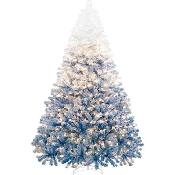 Snow Flocked Pre-lit Christmas Tree with 250 Warm White Lights, 820 Lush Branch Tips & Quick-Assembly Hinged Design, Full Artificial Xmas Tree for Winter Holiday Décor, Green & White
