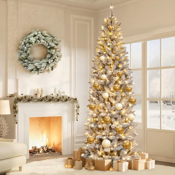 Snow Flocked Slim Pencil Tree, Warm White Pre-Strung Bulbs, Lush Branches, Saves Space, Easy to Install, and Creates a Festive Atmosphere, 7.5ft (White, 332tips)