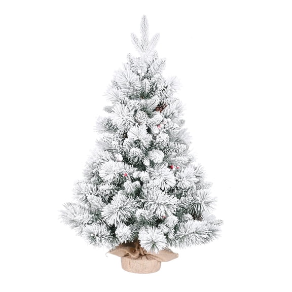 Snow Flocked Tabletop Christmas Tree, 3ft Small Xmas Tree with Pine Cones, Burlap Base, Red Berries, Pine Needles, PE&PVC Mixed Branches, Holiday Indoor Christmas Decorations