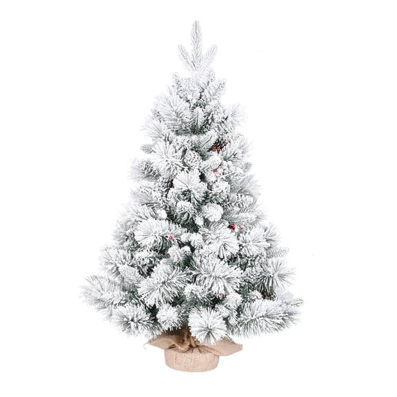 Snow Flocked Tabletop Christmas Tree, 3ft Small Xmas Tree with Pine Cones, Burlap Base, Red Berries, Pine Needles, PE&PVC Mixed Branches, Holiday Indoor Christmas Decorations