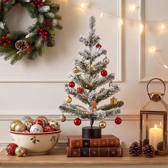 Snow Flocked Tabletop Mini Christmas Tree Pre-decorated Small Artificial Tree for Desk Mantel Indoor Holiday Decor