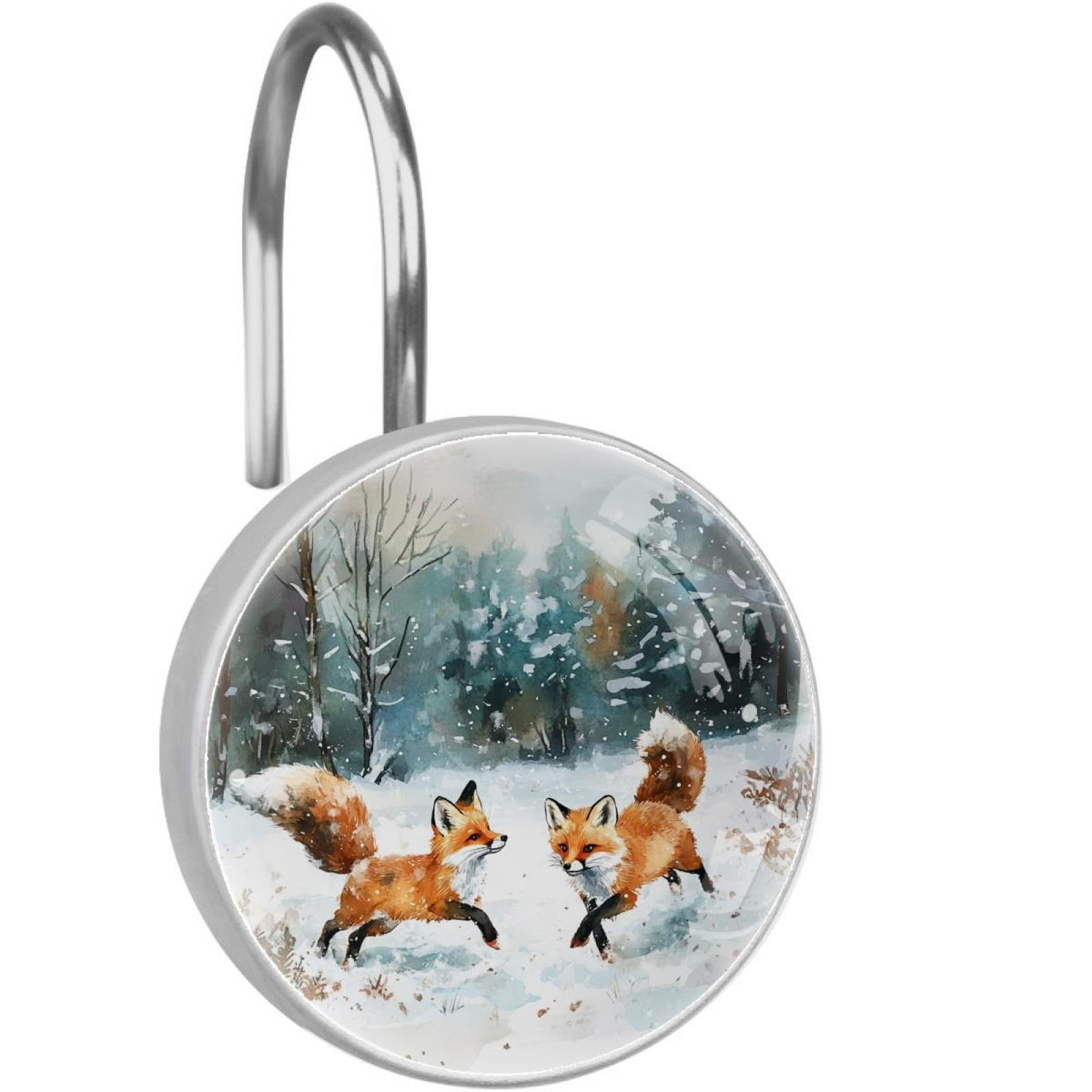 Snow Forest Foxes Shower Curtain Hooks Round Crystal Glass, Set of 12 Shower Curtain Rings - Shower Hooks for Curtain Shower Rings