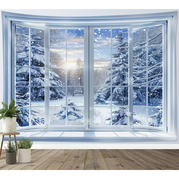 Snow Forest Tapestry Christmas Tree with Blue Ball Wall Hanging Tapestry Red Curtain Wood Window Tapestries for Living Room Bedroom Dorm Wall Decor