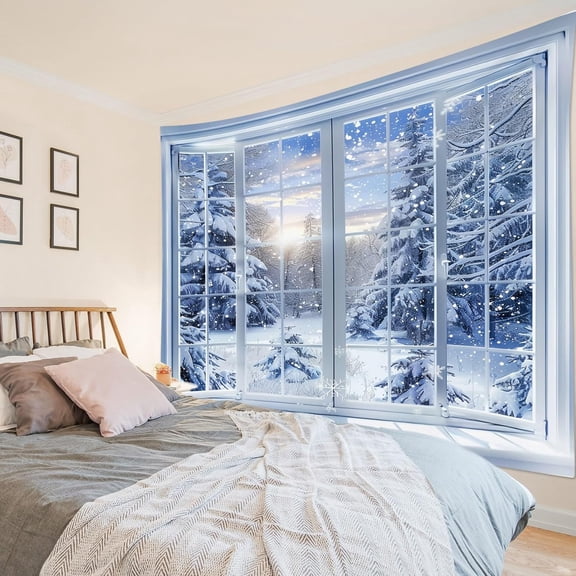 Snow Forest Tapestry Christmas Tree with Blue Ball Wall Hanging Tapestry Red Curtain Wood Window Tapestries for Living Room Bedroom Dorm Wall Decor
