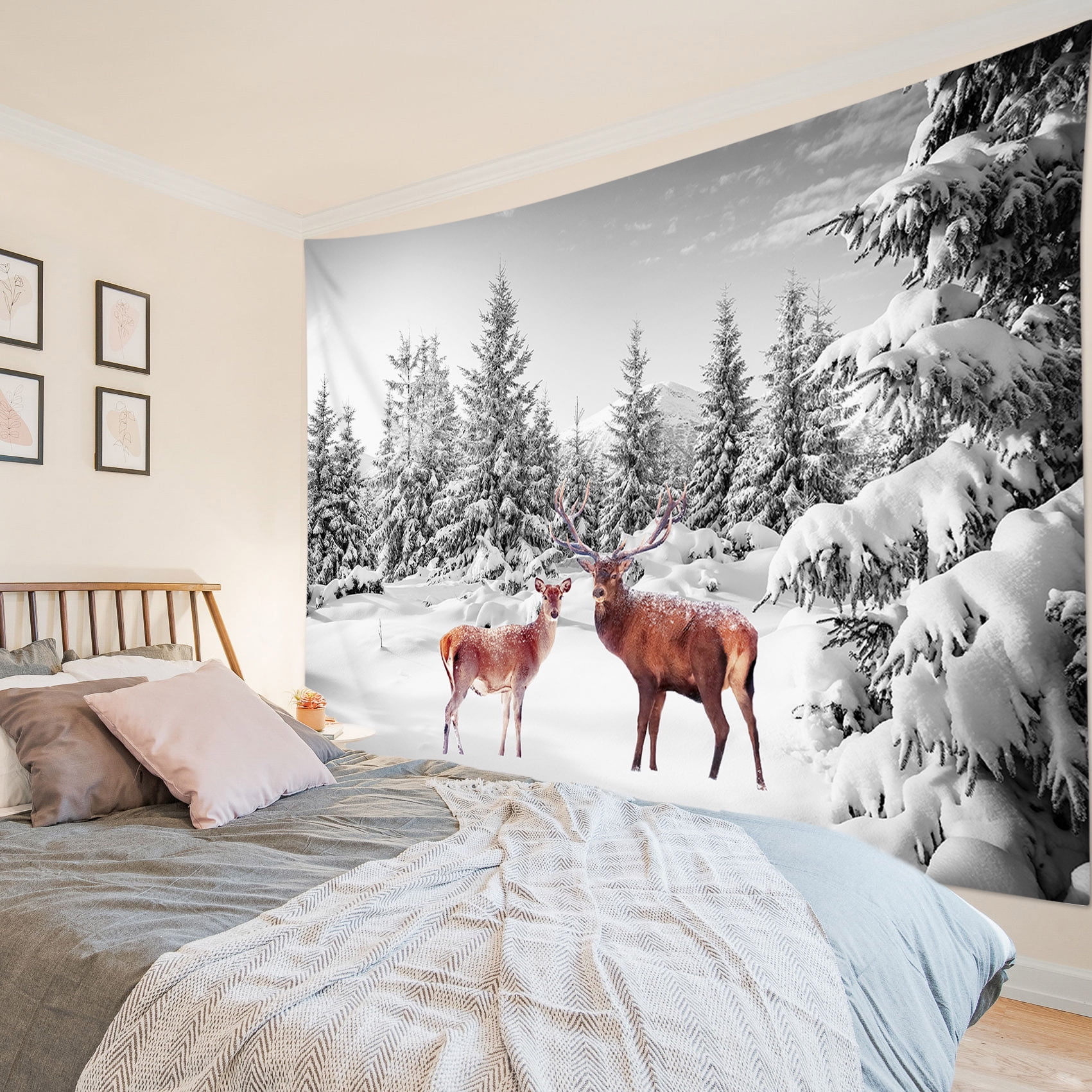 Snow Forest Tapestry Wall Hanging Cute Deer and Snow Covered Pine - Technical View