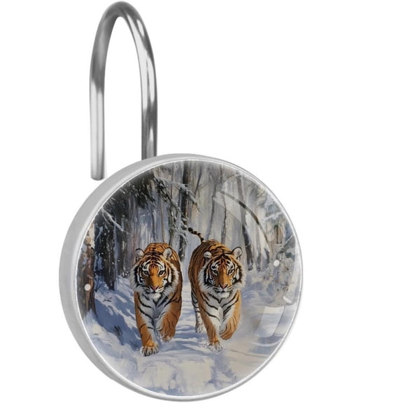 Snow Forest Tigers Shower Curtain Hooks Round Crystal Glass, Set of 12 Shower Curtain Rings - Shower Hooks for Curtain Shower Rings
