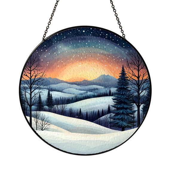 Snow Forest Winter Window Hanging Decor, Stained Glass Style Scenic Suncatcher Panel for Rustic Home