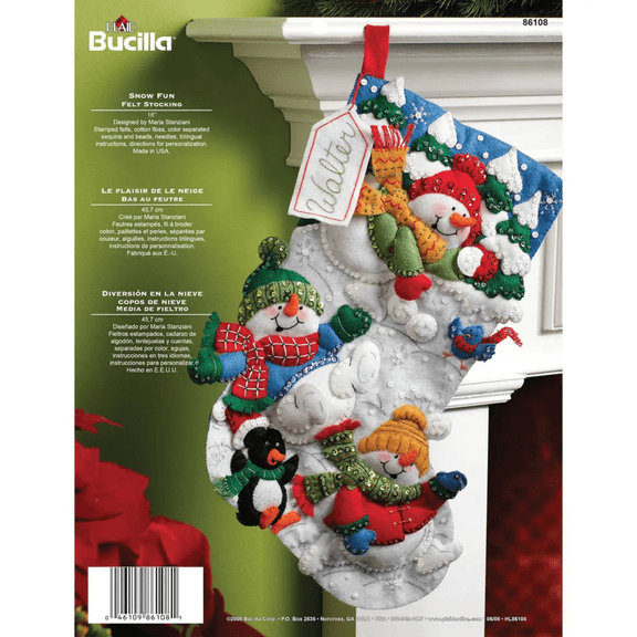 Bucilla Felt Applique 18" Snow Fun Christmas Stocking Embroidery Kit