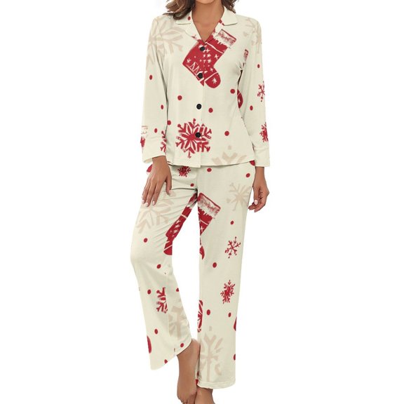 Snow Gift Sock Christmas Pattern Women's Long Sleeve Flannel Pajama Set Sleepwear L