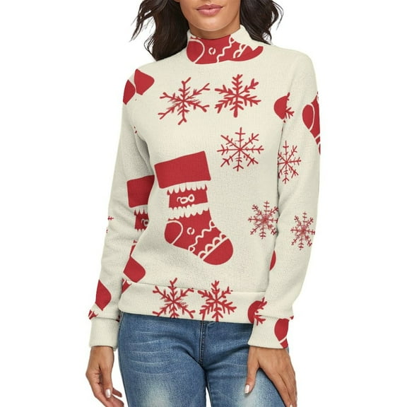 Snow Gift Sock Christmas Pattern Women's Turtleneck Sweater Long Sleeve Ribbed Fitted Turtle Neck Casual Fall Winter Collection Top 2XL