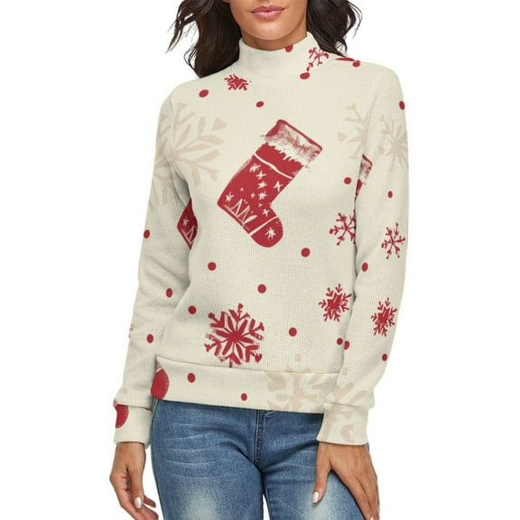 Snow Gift Sock Christmas Pattern Women's Turtleneck Sweater Long Sleeve Ribbed Fitted Turtle Neck Casual Fall Winter Collection Top M