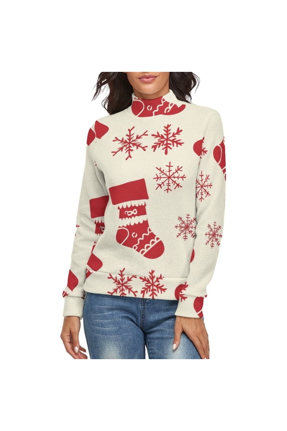 Snow Gift Sock Christmas Pattern Women's Turtleneck Sweater Long Sleeve Ribbed Fitted Turtle Neck Casual Fall Winter Collection Top M