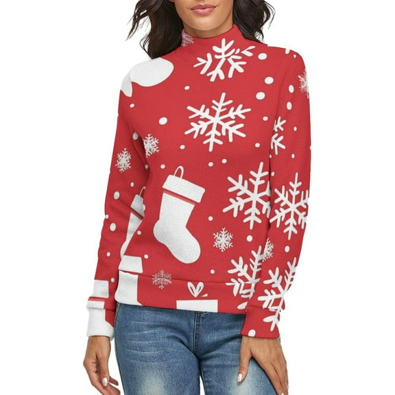 Snow Gift Sock Christmas Pattern Women's Turtleneck Sweater Long Sleeve Ribbed Fitted Turtle Neck Casual Fall Winter Collection Top M