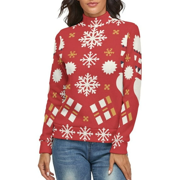 Snow Gift Sock Christmas Pattern Women's Turtleneck Sweater Long Sleeve Ribbed Fitted Turtle Neck Casual Fall Winter Collection Top M