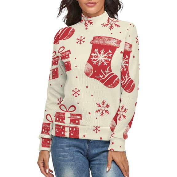 Snow Gift Sock Christmas Pattern Women's Turtleneck Sweater Long Sleeve Ribbed Fitted Turtle Neck Casual Fall Winter Collection Top M