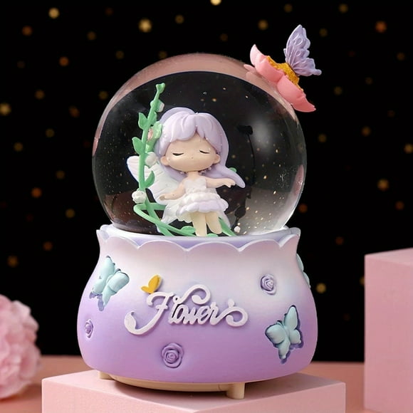 Snow Globe, Cute Flower Fairy With Music And Lights Change, Automatic Snowfall Music Box For Home Decor, Happy Birthday Gift For Girls