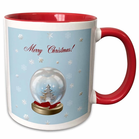 3drose, Snow Globe Deer, Tree and Snowflakes, Merry Christmas, 11oz Two-tone Red Mug