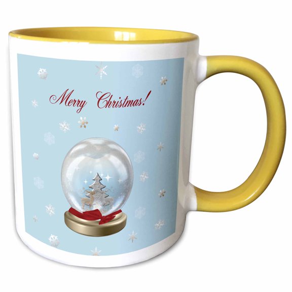 3drose, Snow Globe Deer, Tree and Snowflakes, Merry Christmas, 11oz Two-tone Yellow Mug