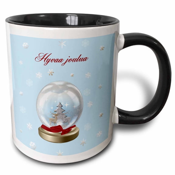 3drose, Snow Globe Deer, Tree and Snowflakes, Merry Christmas in Finnish, 11oz Two-tone Black Mug