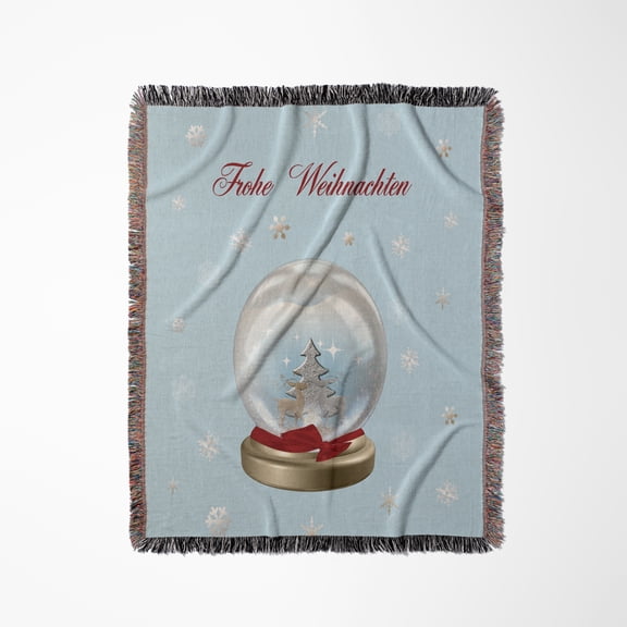 Snow Globe Deer, Tree And Snowflakes, Merry Christmas In German , Woven Blanket