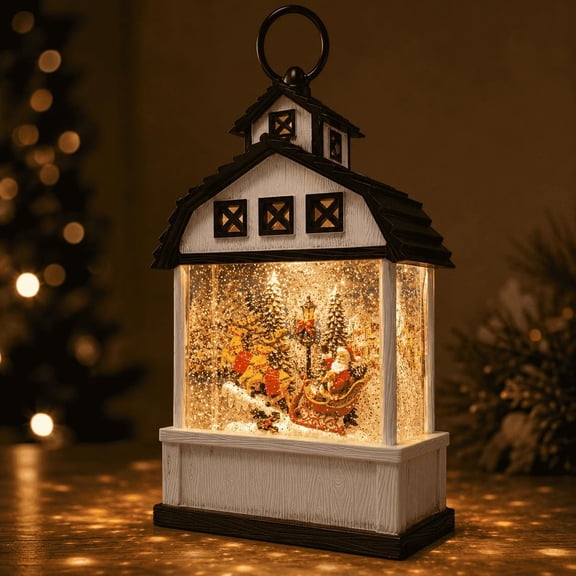 Snow Globe Lantern, Christmas Lighted Village Display with Santa Sleigh Scene Holiday Decoration