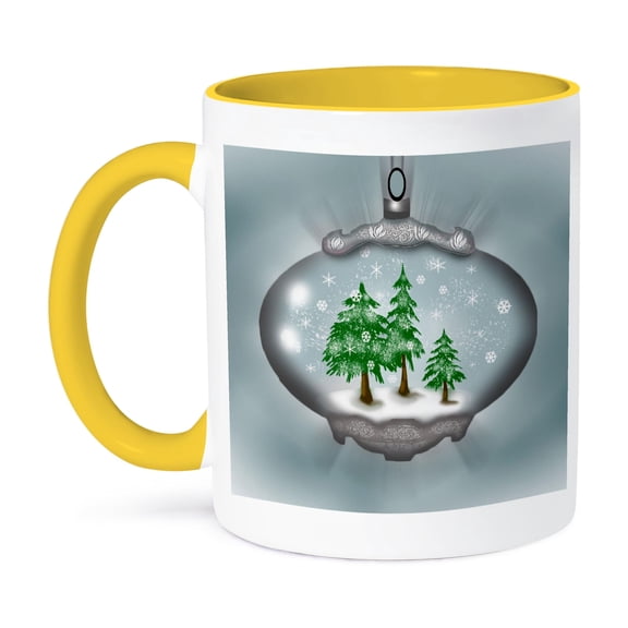 3dRose, Snow Globe ornament design with snow and trees, 11oz Two-Tone Yellow Mug