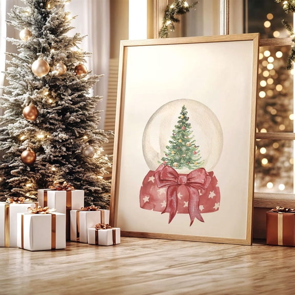 Snow Globe Poster: Red Green Winter Tree Wall Art, Unframed Poster Size 16x24