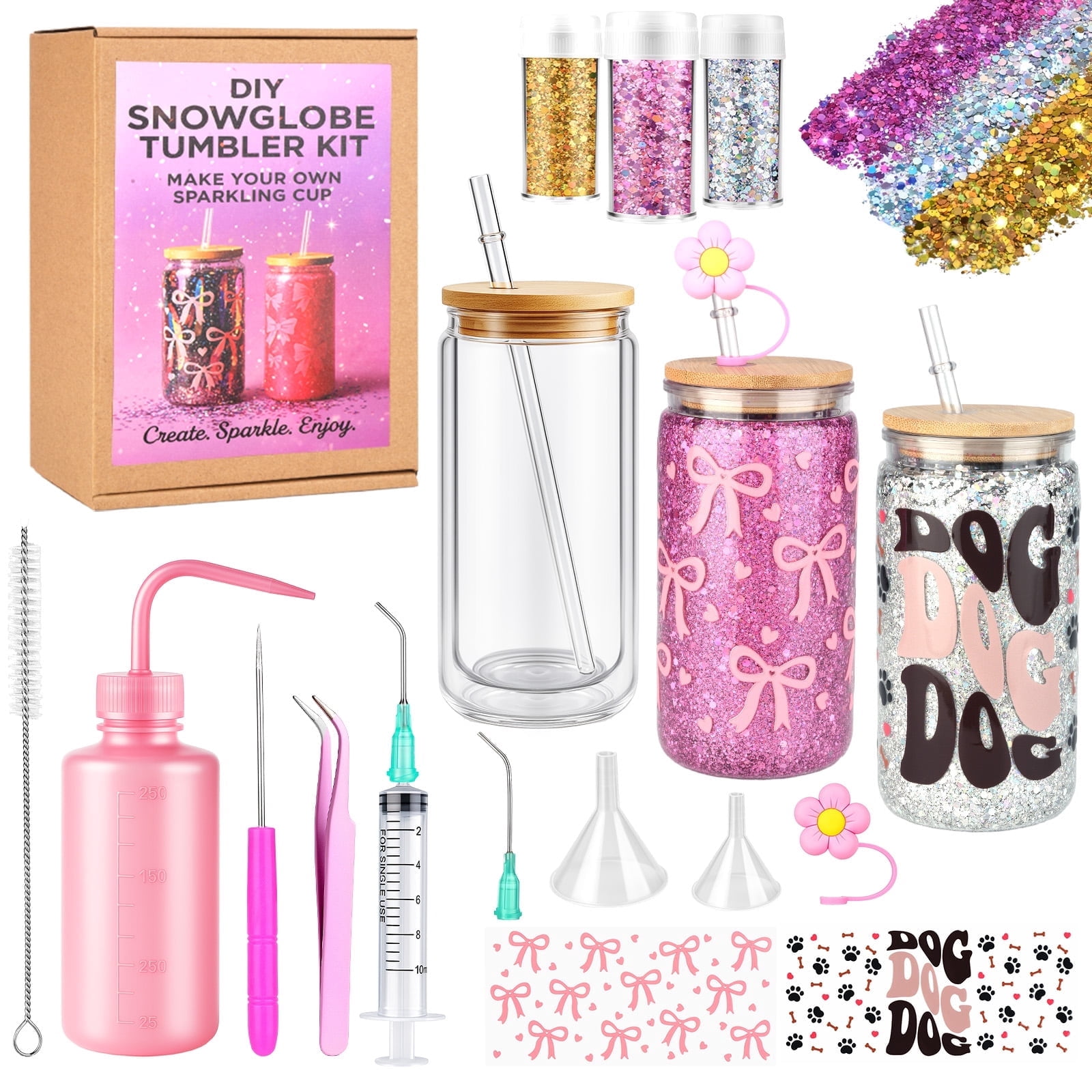 1 Pack Snow Globe Tumbler Supplies ，16 Pcs DIY Glitter Snowglobe Cup Set– Includes a 16oz Double-Wall Acrylic Tumbler, UV DTF Wraps, Craft Glitter, and DIY Tools（1-cup Kit）