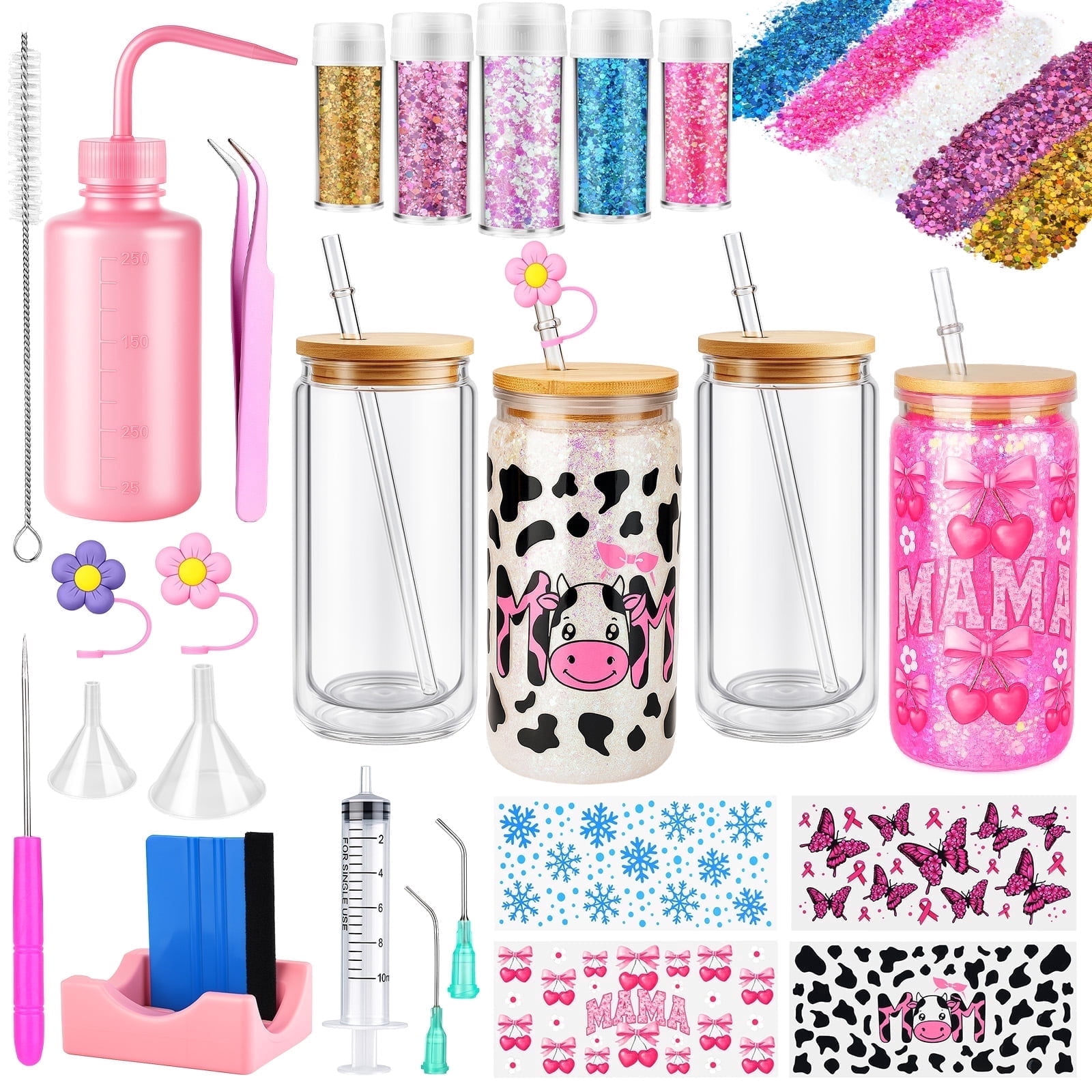 Snow Globe Tumbler Supplies ，25 Pcs DIY Glitter Snowglobe Cup Set– Includes 16oz Double-Wall Acrylic Tumbler, Cup Cradle, UV DTF Wraps, Craft Glitter & DIY Tools