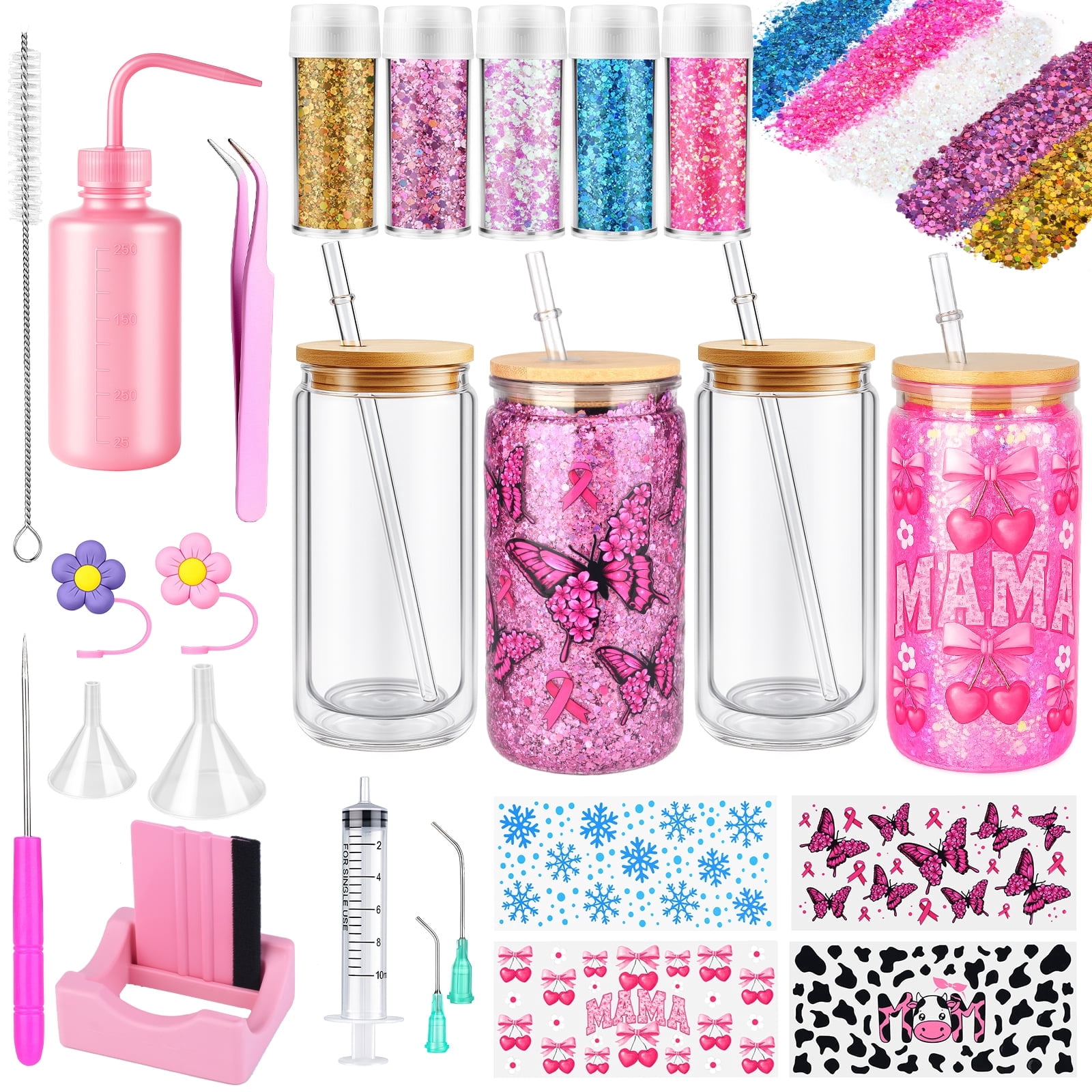 2-Pack Snow Globe Tumbler Supplies ，25 Pcs DIY  Snowglobe Cup Set– Includes 16oz Double-Wall Acrylic Tumbler, Cup Cradle, UV DTF Wraps, Holographic Glitter and More,Ideal Gifts for Girls