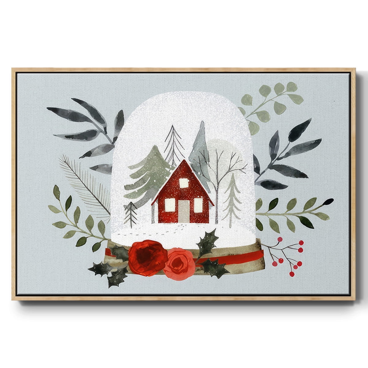 Snow Globe Village Collection A - Framed Gallery Wrapped Holiday Canvas - 25 x 37 - Natural Wood Frame