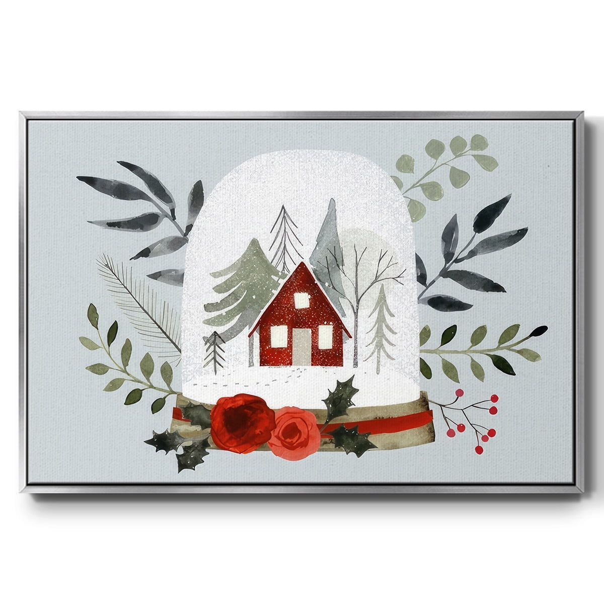 Snow Globe Village Collection A - Framed Gallery Wrapped Holiday Canvas - 27 x 41 - Silver Frame