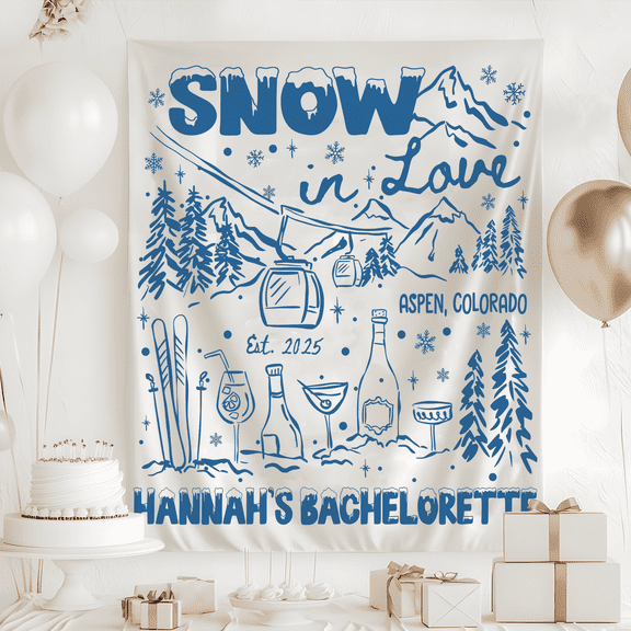 Snow In Love Bachelorette Tapestry, Winter Bachelorette Banner, Custom Winter Ski Mountain Bach Decor, Winter Bridal Party Apres Ski Decor