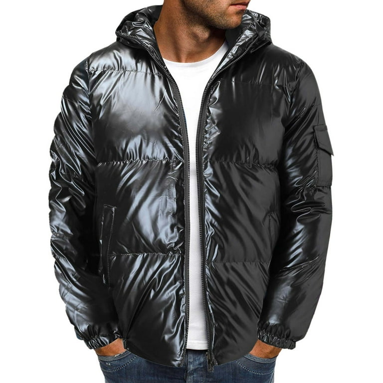 Snow Jacket Long Men Solid Coat Coat Cotton Men's Color Shiny Reflective  Padded Hooded Trendy Leather Jacket with Zippers on Sleeves Mens Coat  Winter
