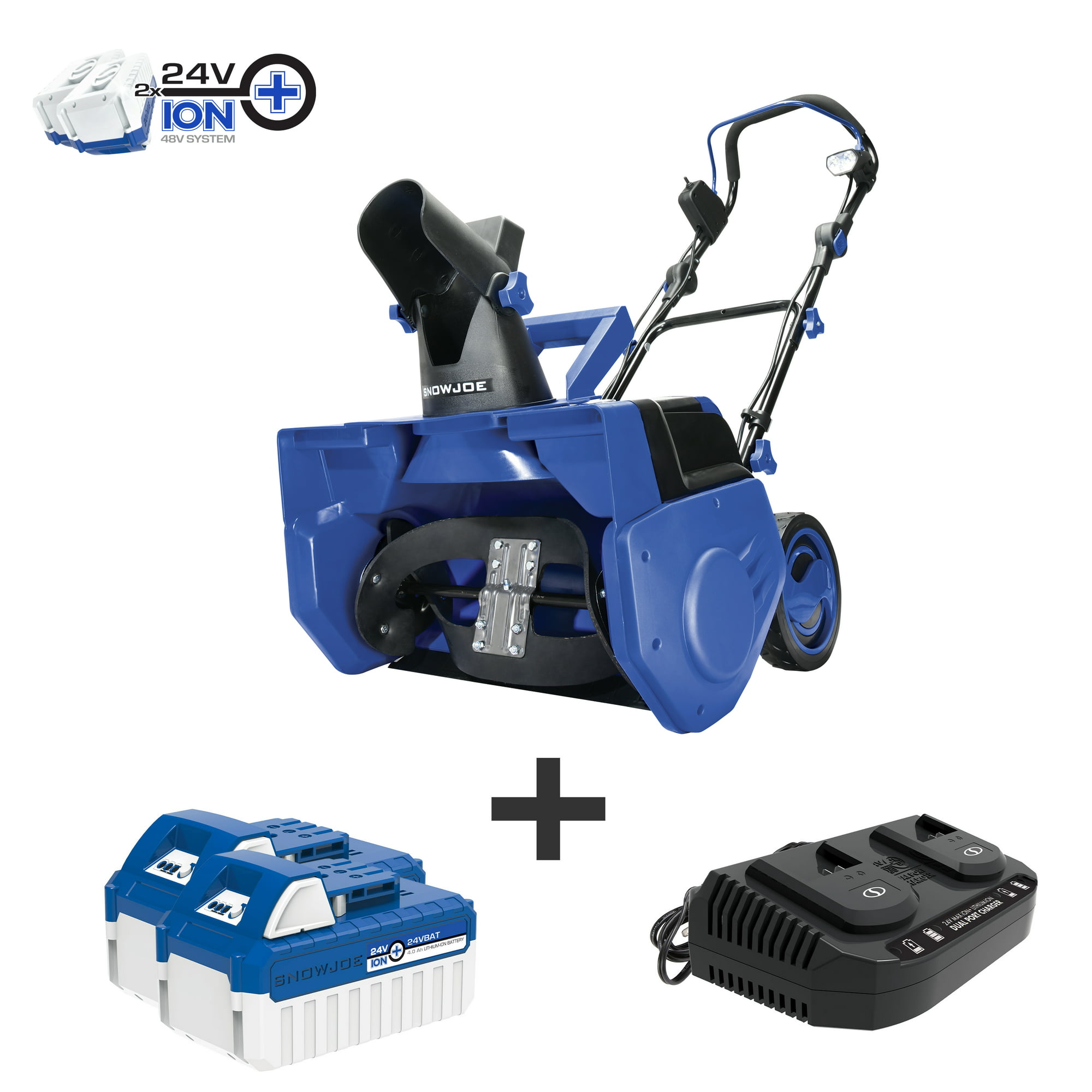 Snow Joe 48V 20″ Single-Stage Cordless Snow Blower Brushless Motor with Headlights, 2 x 4.0-Ah Batteries & Charger