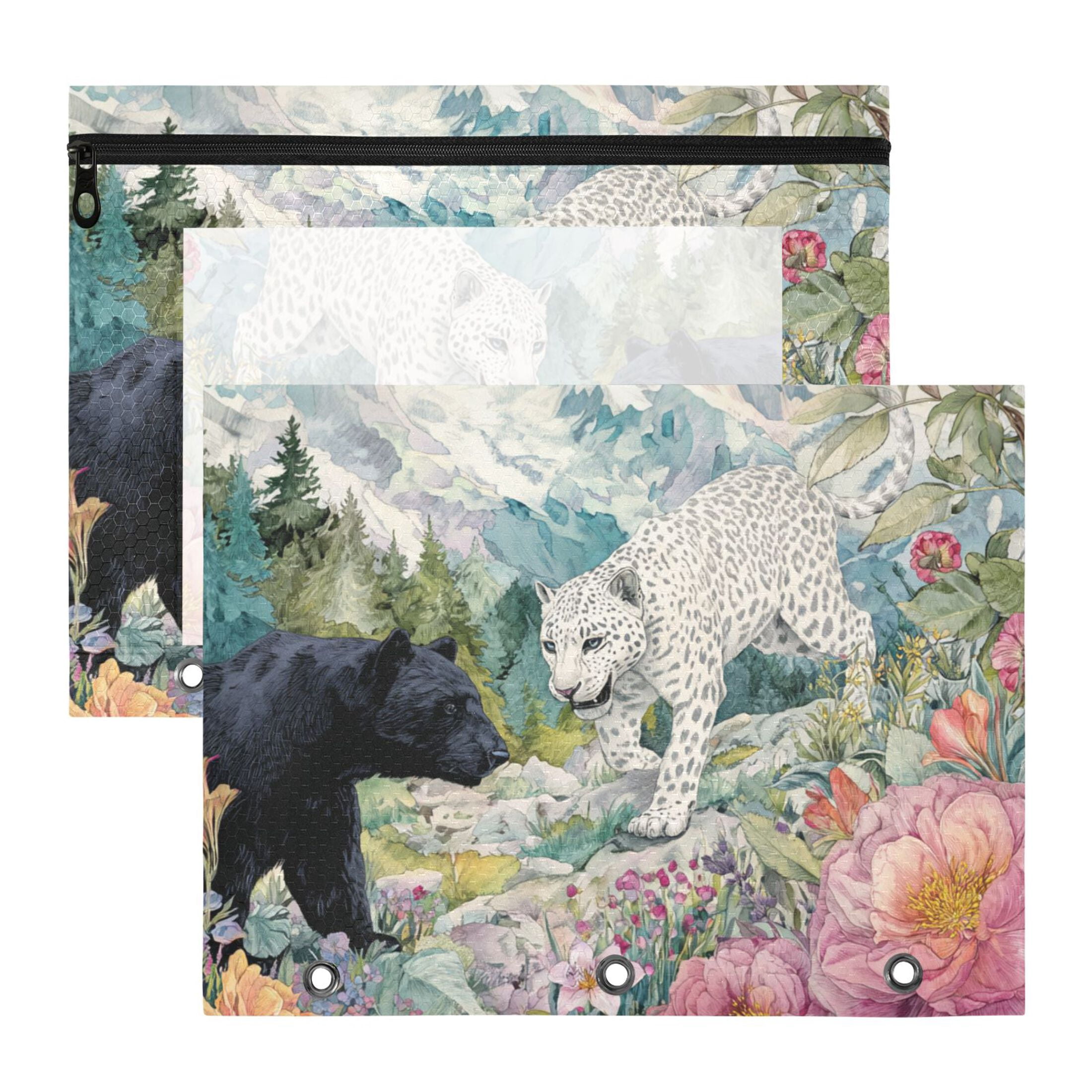 Snow Leopard Black Bear Flowers Iceberg 3-Ring Binder Pocket with ...