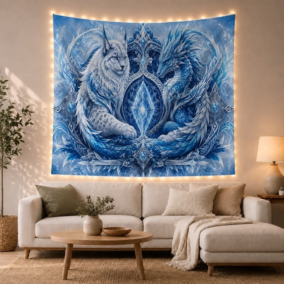 Snow Leopard and Blue Dragon with Glowing Crystal in Mystical Energy, Moody Fantasy for Wildlife Lovers, Ornate Celestial Artwork, Halloween Gift Tapestry Wall Hanging for Bedroom and Dorm