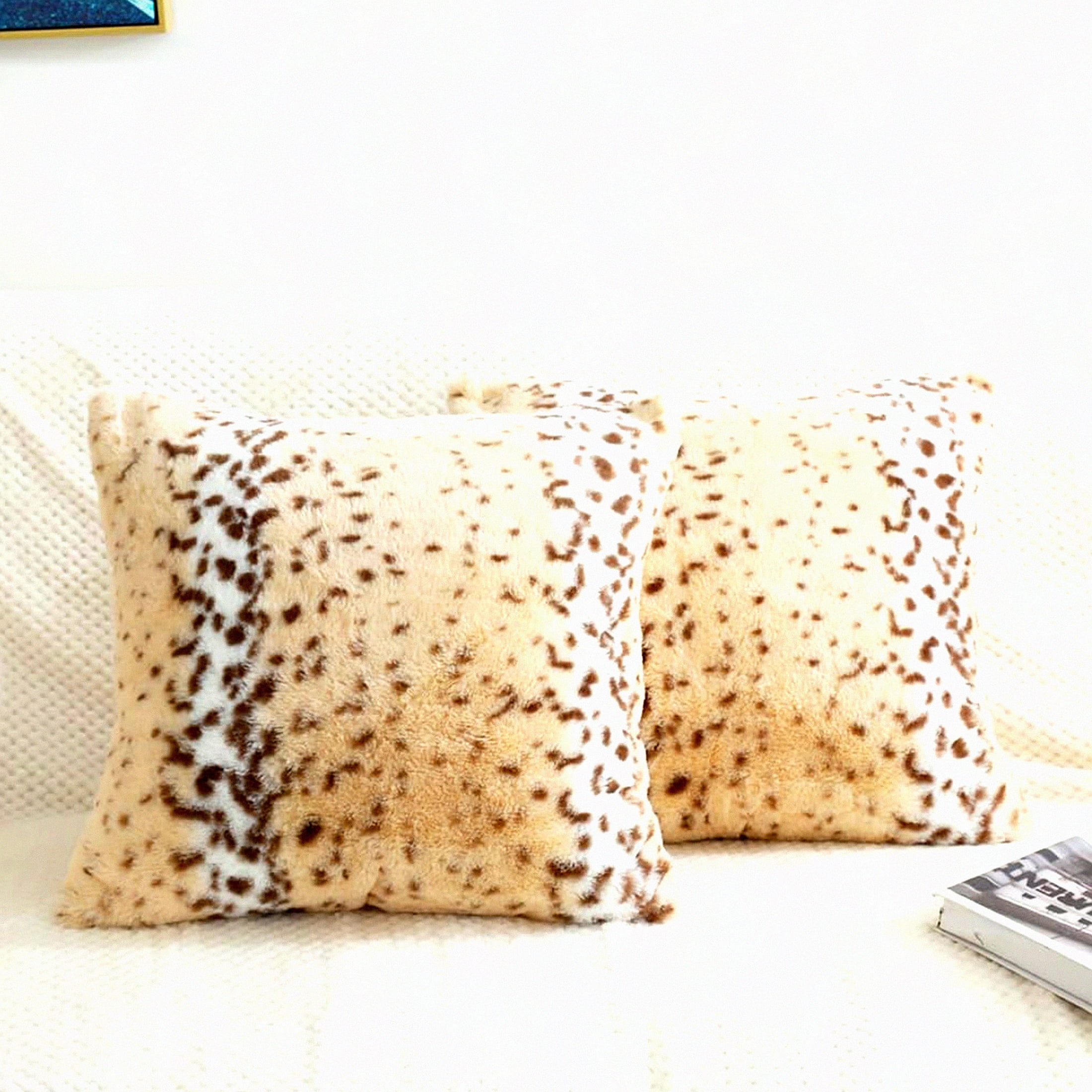 18" Beige and Brown Faux Fur Animal Print Throw Pillow Covers