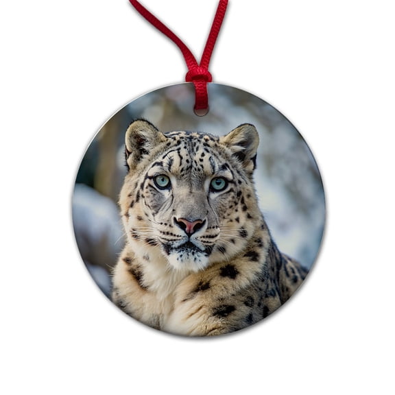 Snow Leopard Christmas Tree Holiday Round Ceramic Ornament