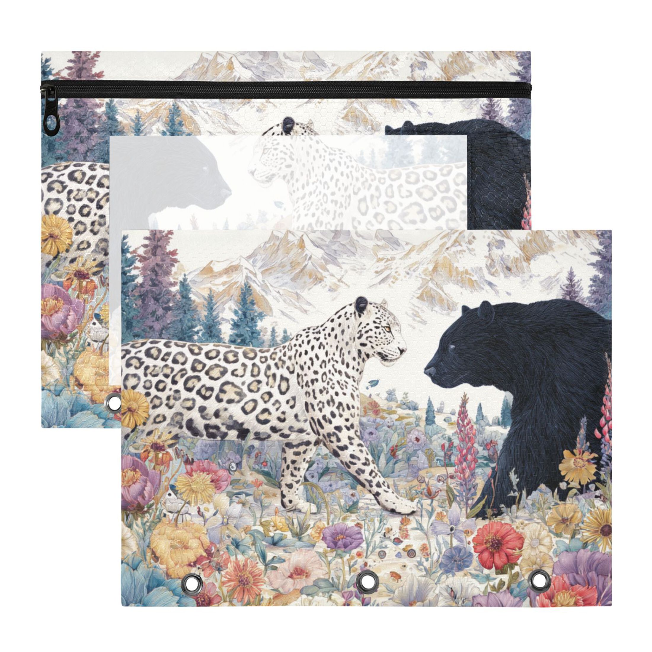 Snow Leopard Confront with Black Bear 3-Ring Binder Pocket with Zipper ...