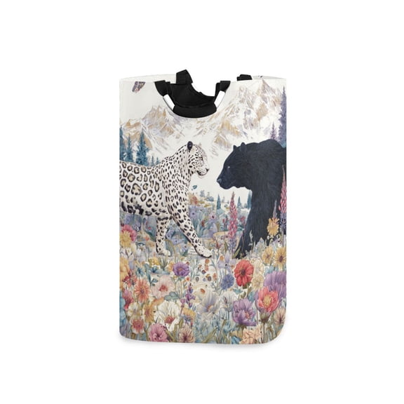 Snow Leopard Confront with Black Bear Laundry Basket with Handles Foldable Laundry Hamper Freestanding Washing Bin 50L