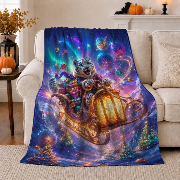Snow Leopard Cub in Golden Sleigh, Magical Fantasy Style for Holiday Lovers, Cozy Cosmic Winter Scene, Flannel Blanket for Family Room and Cabin, Christmas Gift and Festive Home Decor