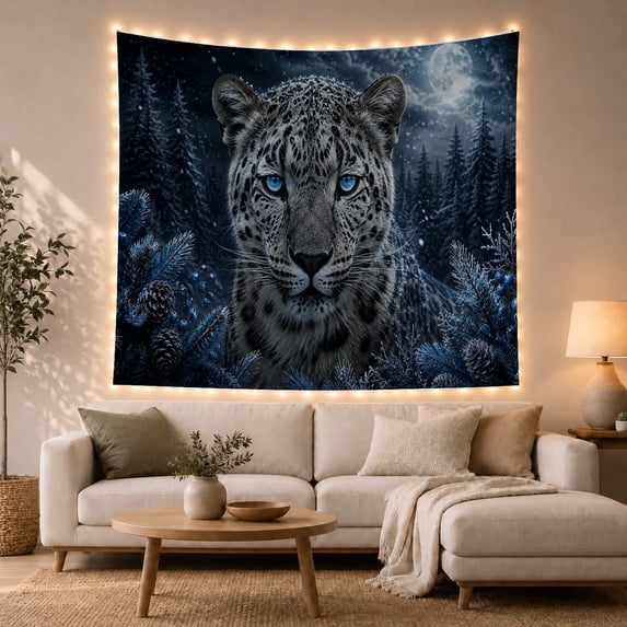 Snow Leopard Under a Dark Blue Full Moon, Mystical Fantasy for Wildlife Fans, Winter Forest Decor, Christmas Gift, Tapestry Wall Hanging for Bedroom and Living Room