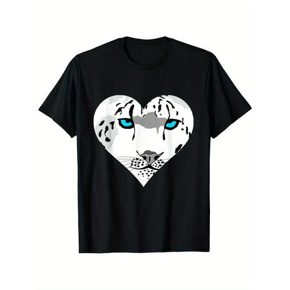 Snow Leopard Heart Wild Big Cat Graphic T-Shirt - 100% Cotton  Black S-5XL Snow Leopard Heart T-Shirt 180gsm Cotton Crew Neck Top Bold Graphic Design All Season Comfort Wear High Stretch Fabric Machi