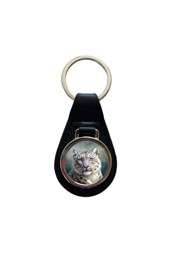 Snow Leopard Illustration Metal Black Leather Keychain