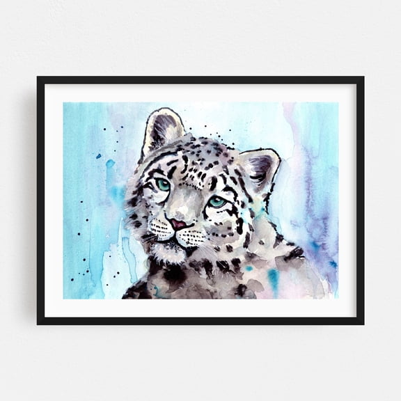 Snow Leopard - Illustration Watercolor Animal Wildlife Tiger Nature Portrait Black Framed Wall Art Print 24 x 36 inches