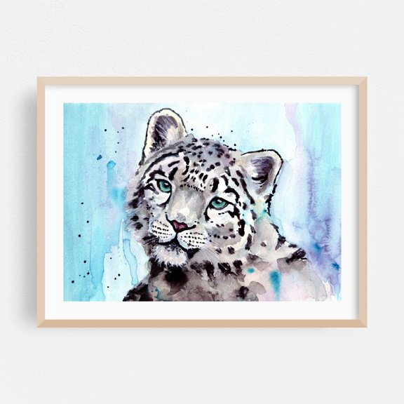 Snow Leopard - Illustration Watercolor Animal Wildlife Tiger Nature Portrait Oak Framed Wall Art Print 5 x 7 inches