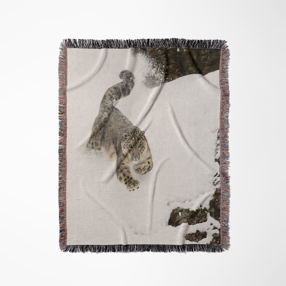 Snow Leopard In Winter Snow., Woven Blanket