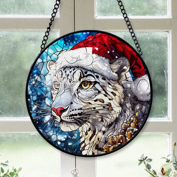 Snow Leopard Ornament Christmas 2025, Snow Leopard Stained Glass Hanging Panel Radiant Glass Window Art, Perfect for Wildlife Decor